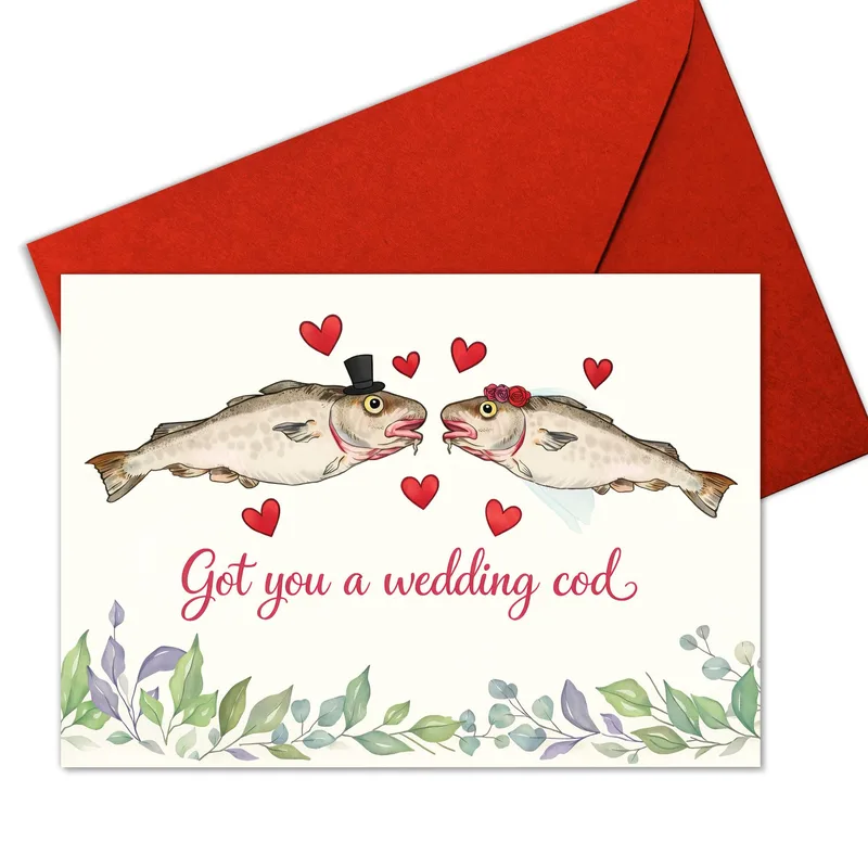 Fish Kiss Hearts Wedding Card: A Funny Cod Pun for Nuptials