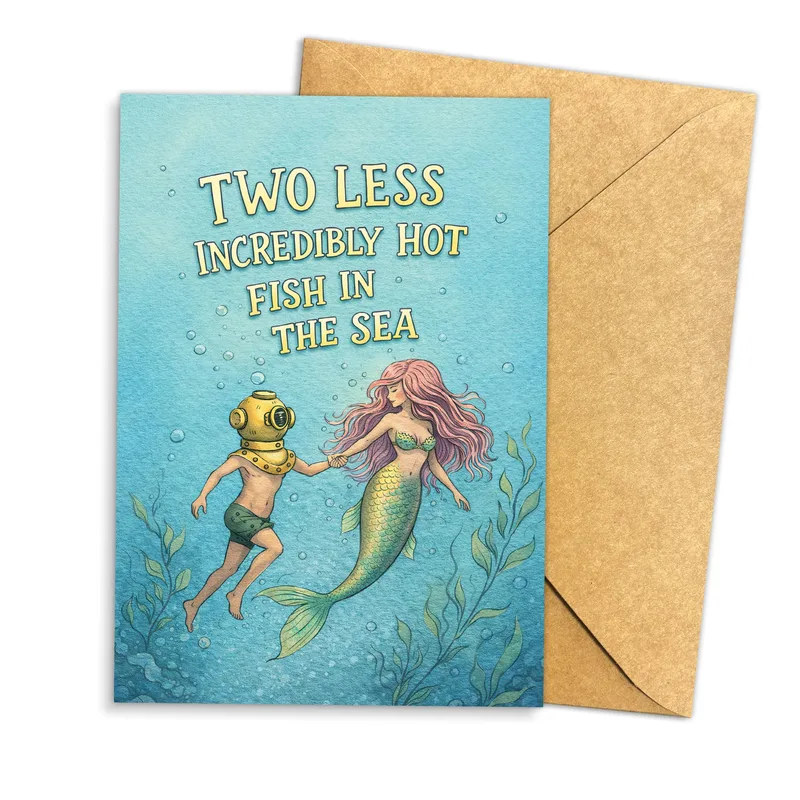 Mermaid Diver Blue Sea Card: Two Less Hot Fish Wedding Greeting
