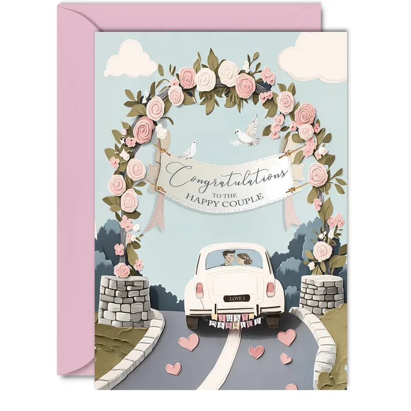 Arch Car Hearts Wedding Card: A Vintage Getaway Design