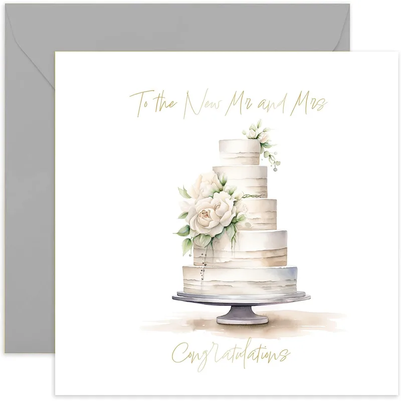 Gold Wedding Cake Illustration Card for Newlywed Couples