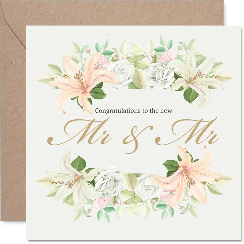 Floral Wreath Pink Lilies Card Celebrating New Grooms