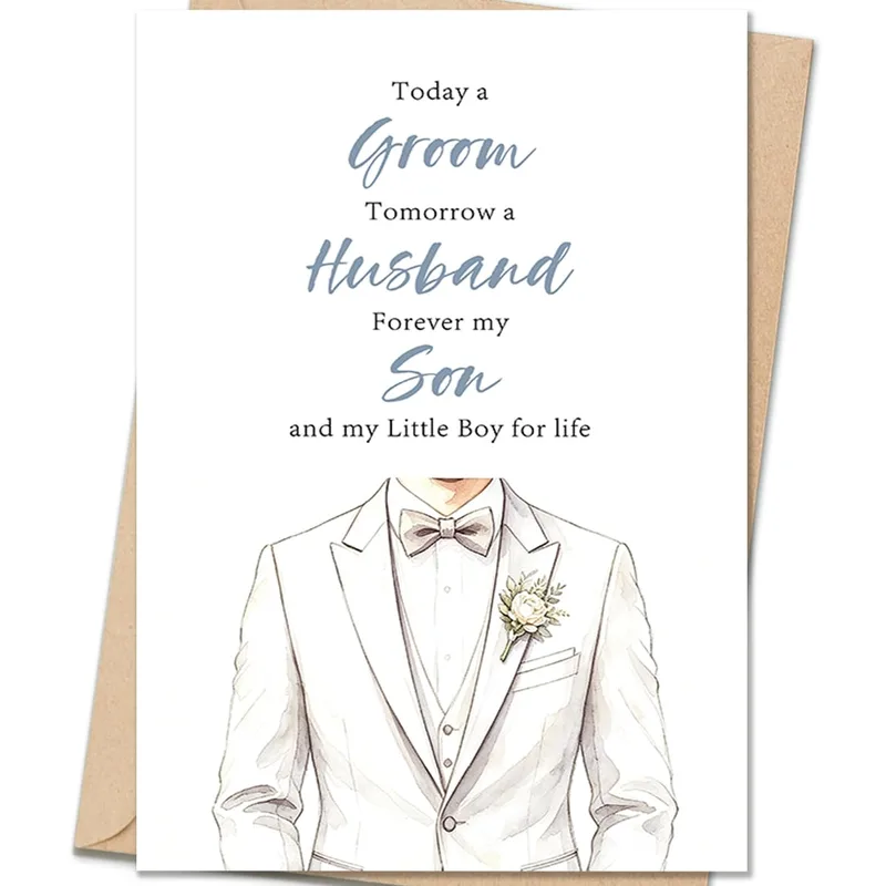 Groom White Suit Wedding Card featuring a watercolor tuxedo