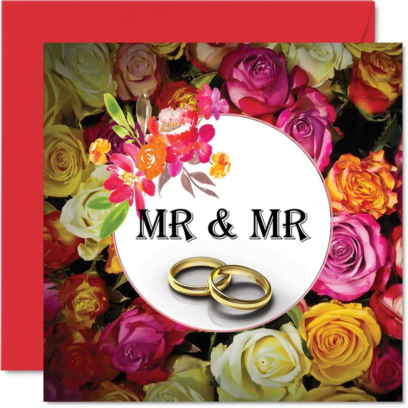 Roses Gold Rings Wedding Card Celebrating Mr & Mr Love with Roses