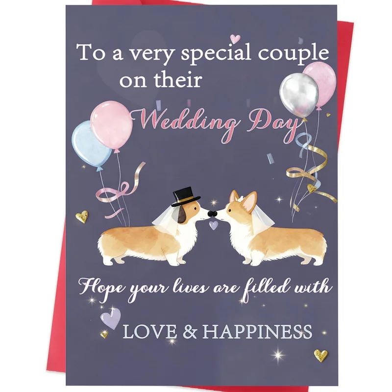 Dogs Purple Background Wedding Card featuring kissing corgis