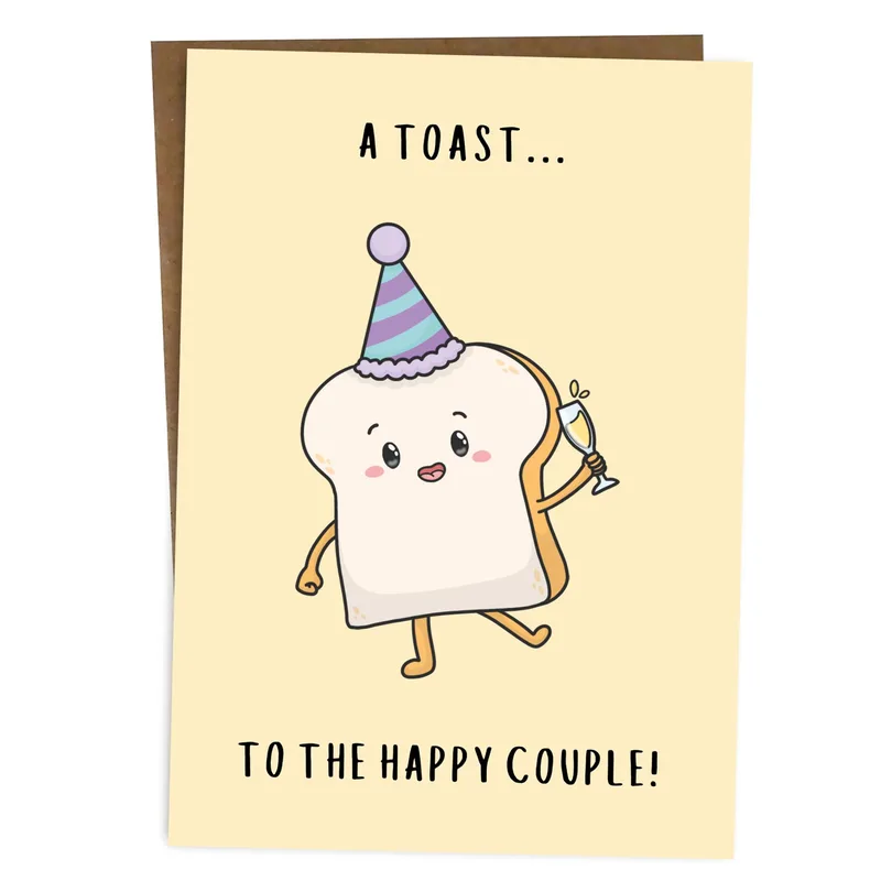 Character Party Hat Wedding Card Celebrating a Toasting Slice