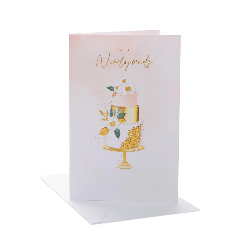 Pink Wedding Cake Gold Card Celebrating a Sweet New Beginning