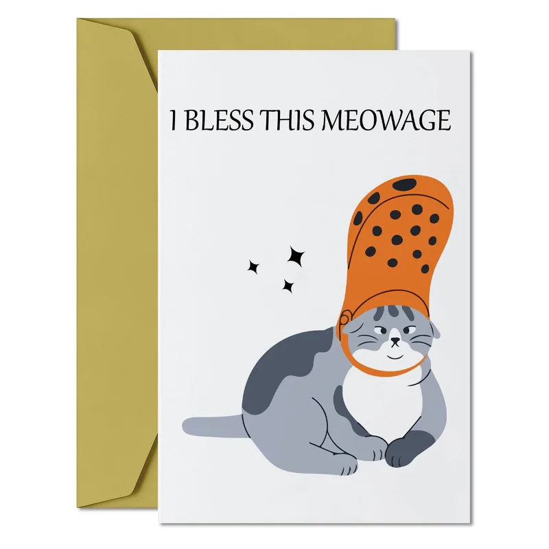 Wearing Orange Hat Wedding Card: I Bless This Meowage Cat Greeting