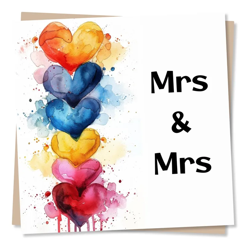 Rainbow Hearts Wedding Card featuring colorful watercolor hearts