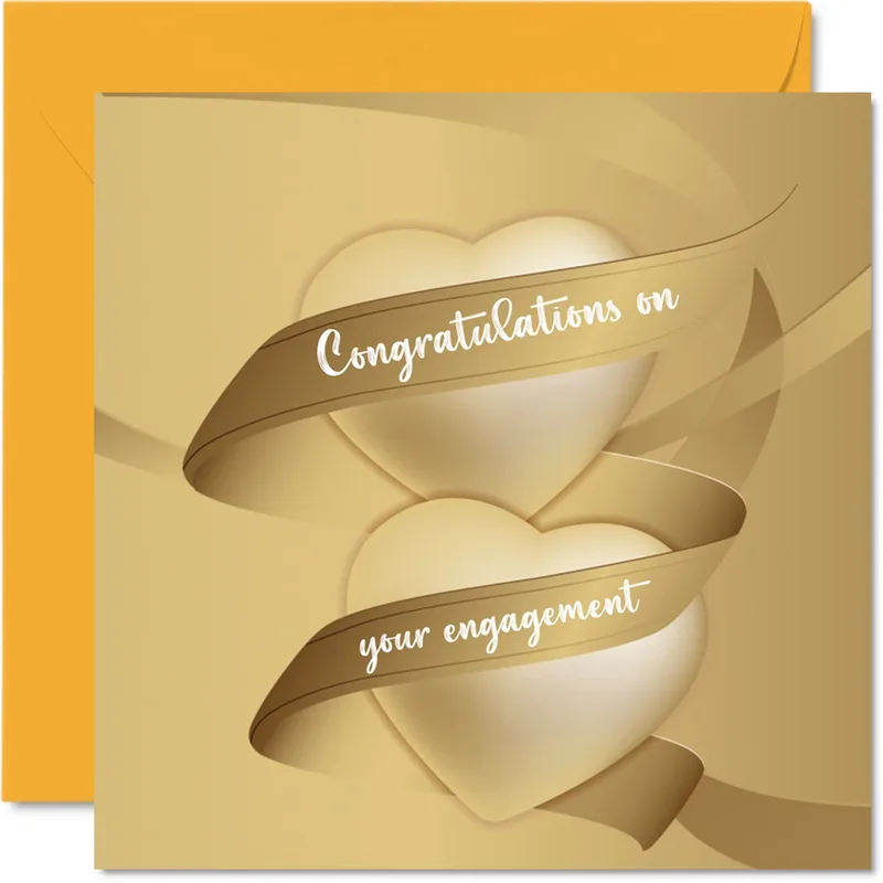 Gold Ribbon Hearts Engagement Card Celebrating Love with Golden Script