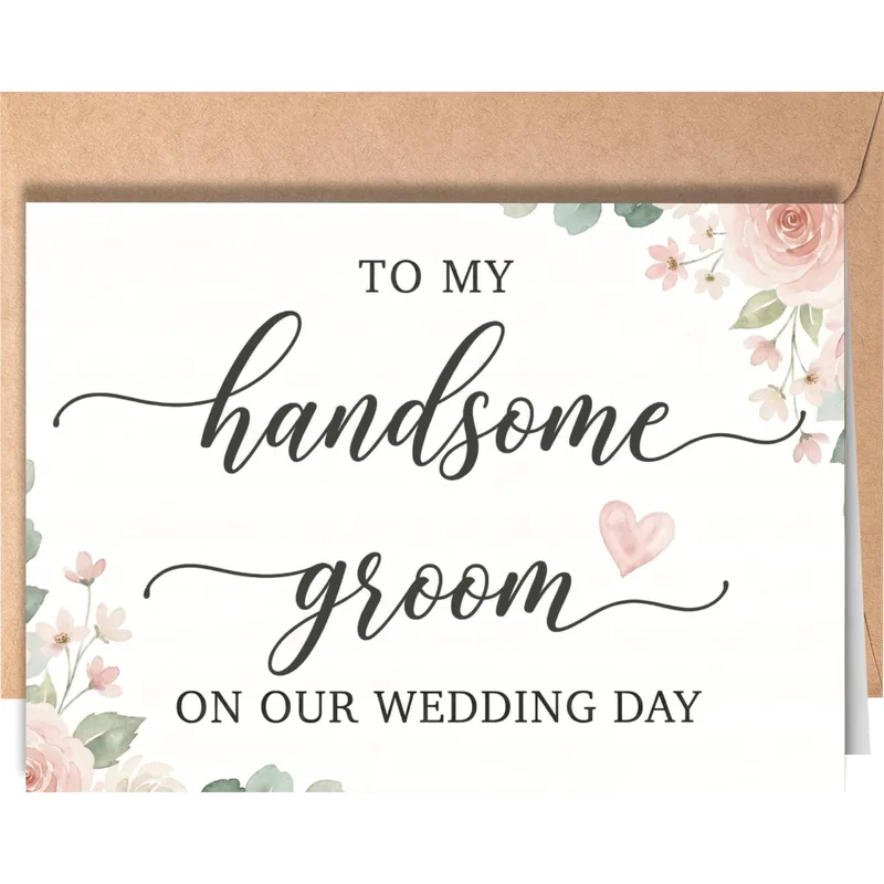 Floral Corner Script Wedding Card for Handsome Groom