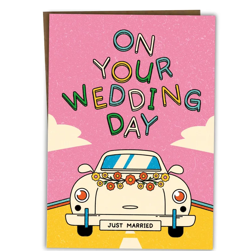 Beetle Car Pink Wedding Card for Newlyweds