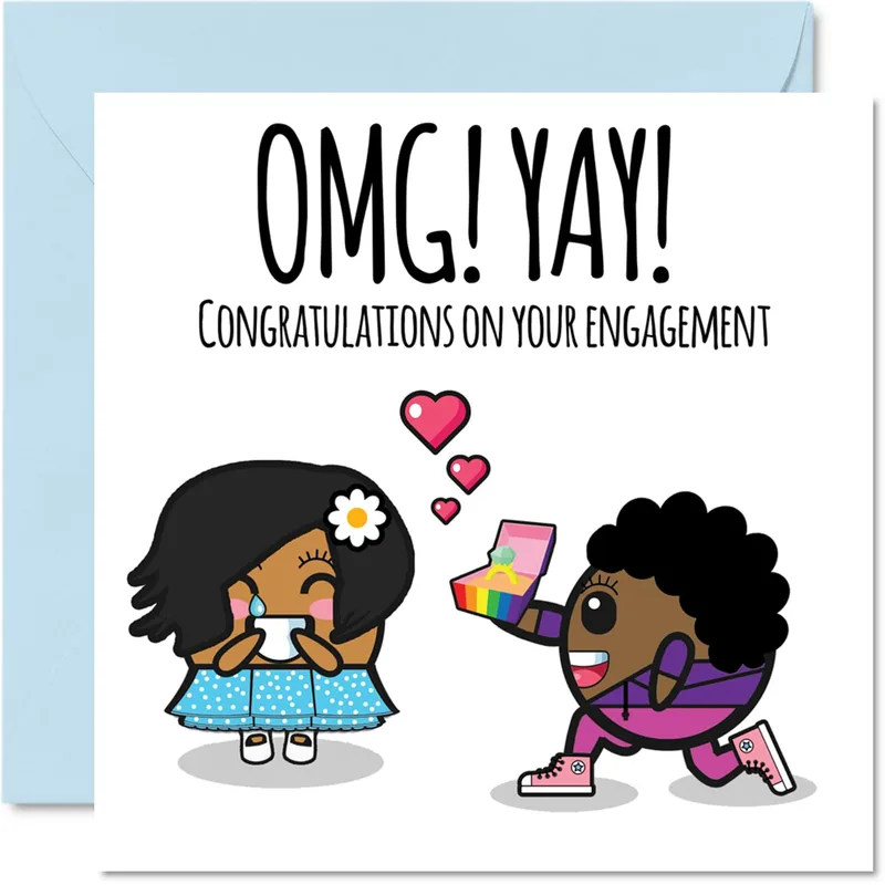 Same-Sex Couple Proposal Engagement Card featuring a cartoon couple