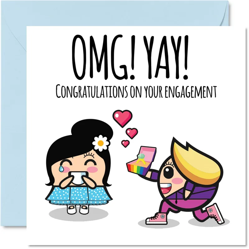 Cartoon Couple Proposal Pink Card for Engagement Joy