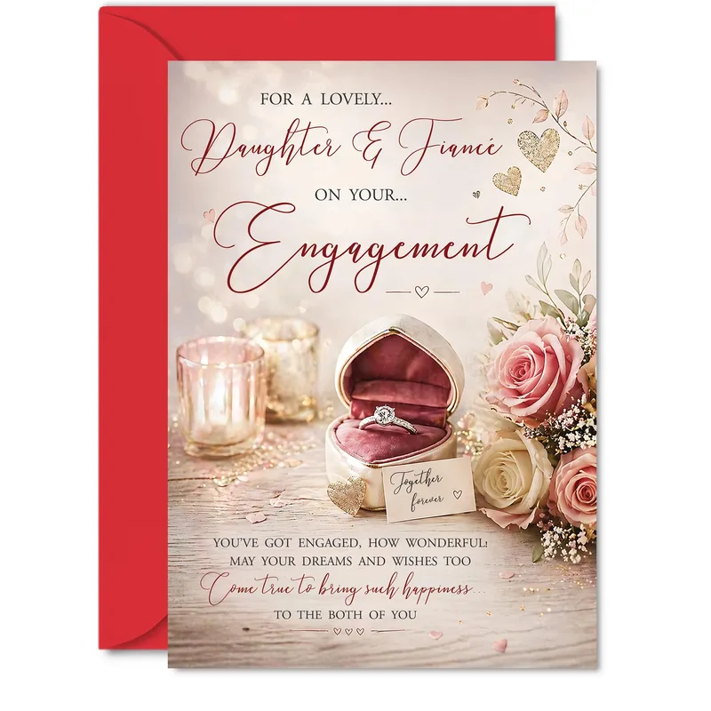 Daughter & Fiancée Engagement Card Celebrating a Love Ring and Roses