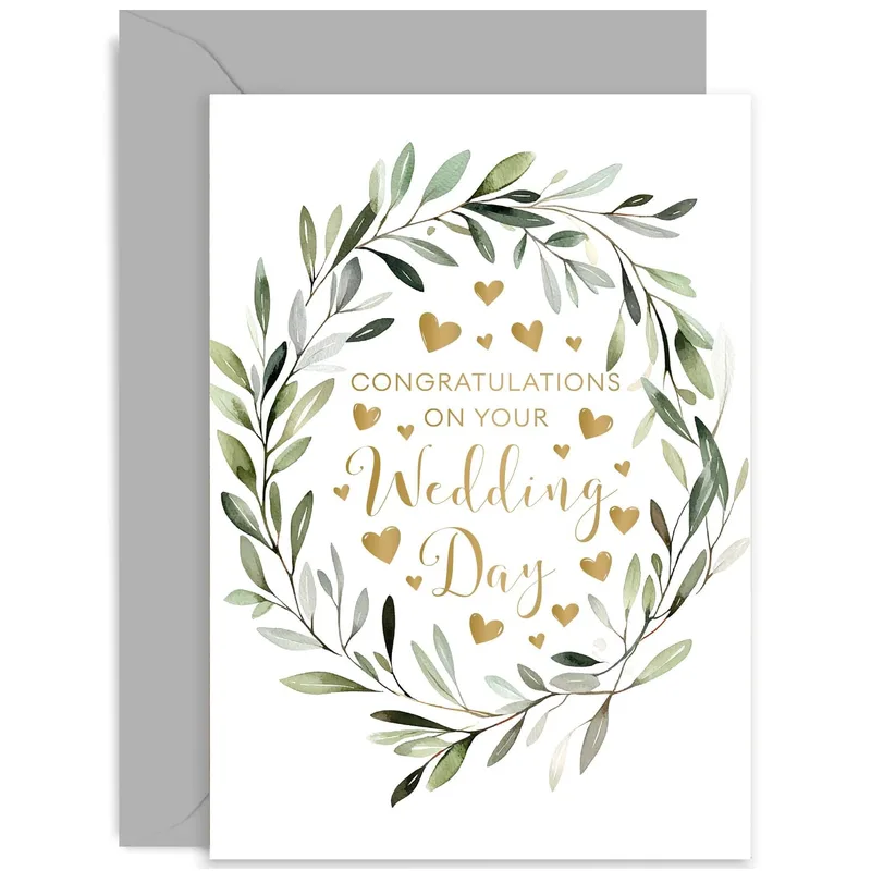 Leaf Wreath Gold Wedding Card for a Stylish Bridal Celebration