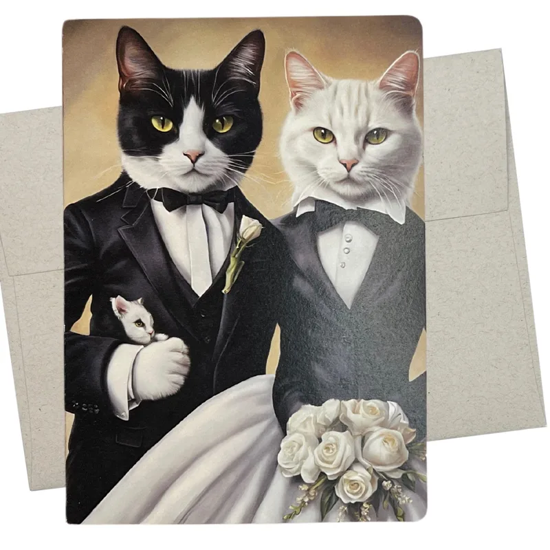 Cats Tuxedos Bouquet Wedding Card Feline Formalwear Art