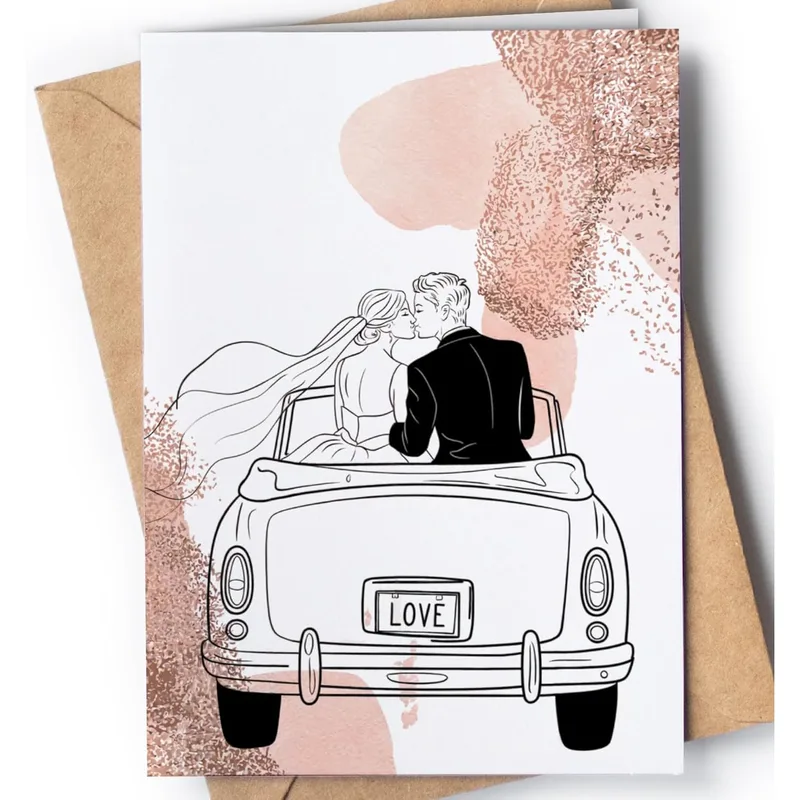 Convertible Rose Gold Wedding Card features a line art