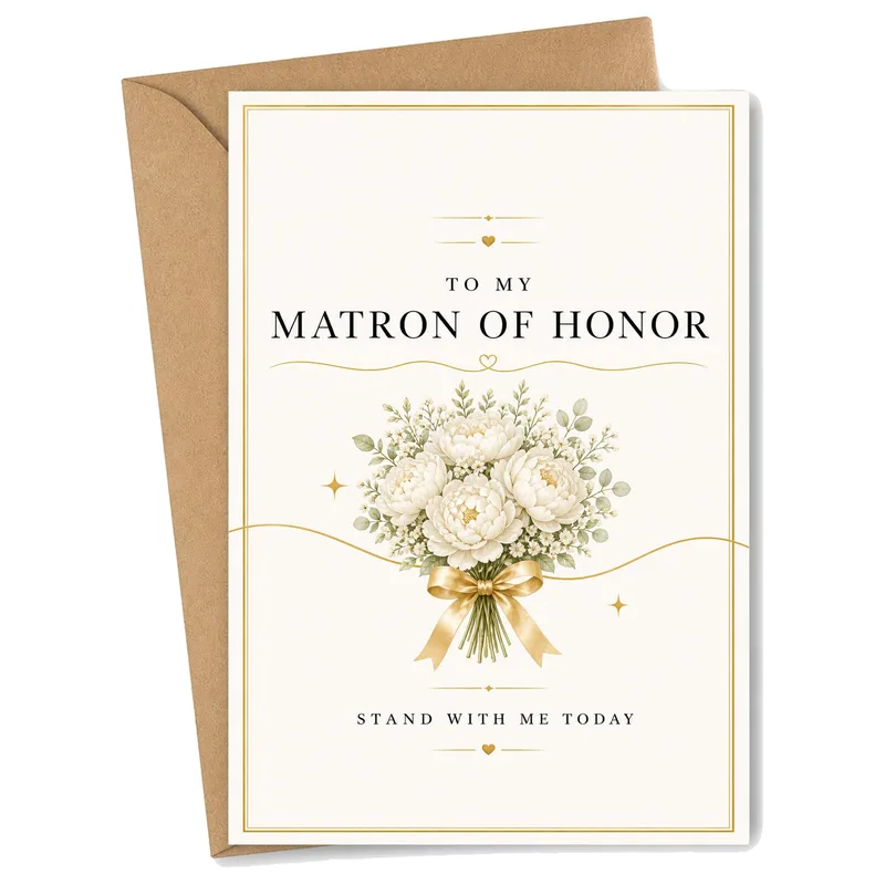 Gold Ribbon Cream Wedding Card for Matron of Honor Bouquet