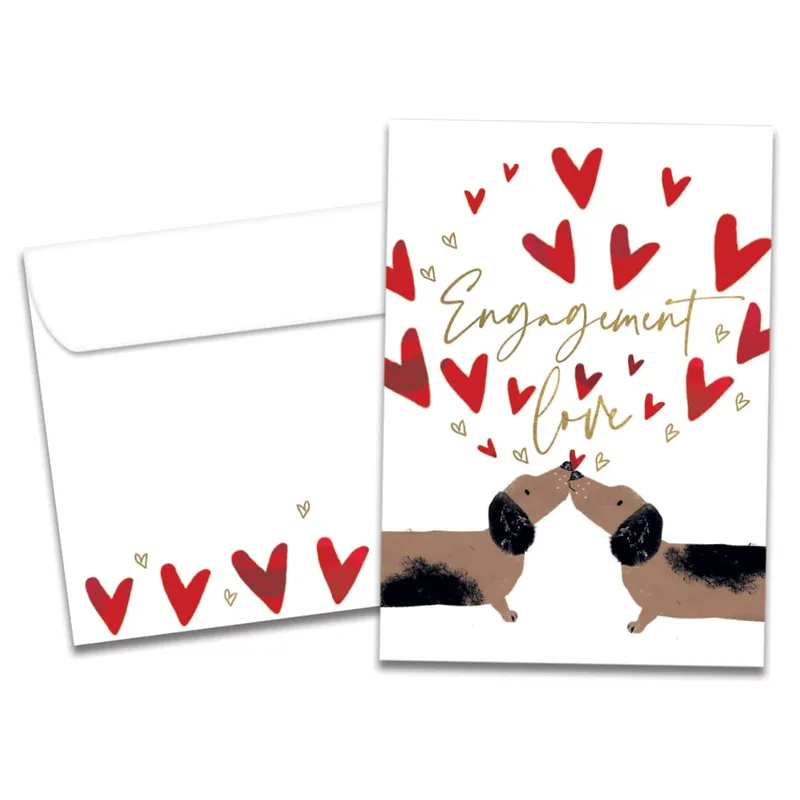 Puppies Red Hearts Engagement Card features kissing