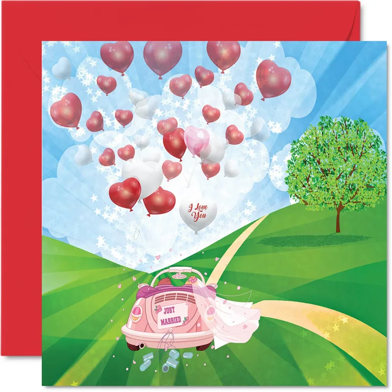 Balloons Pink Car Wedding Card for Newlyweds