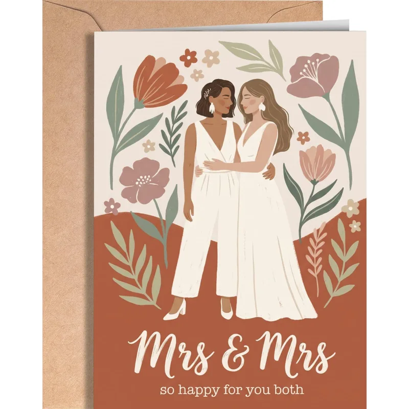 Brides Terracotta Florals Wedding Card featuring two brides