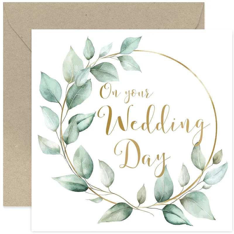 Wreath Gold Script Wedding Card features elegant gold