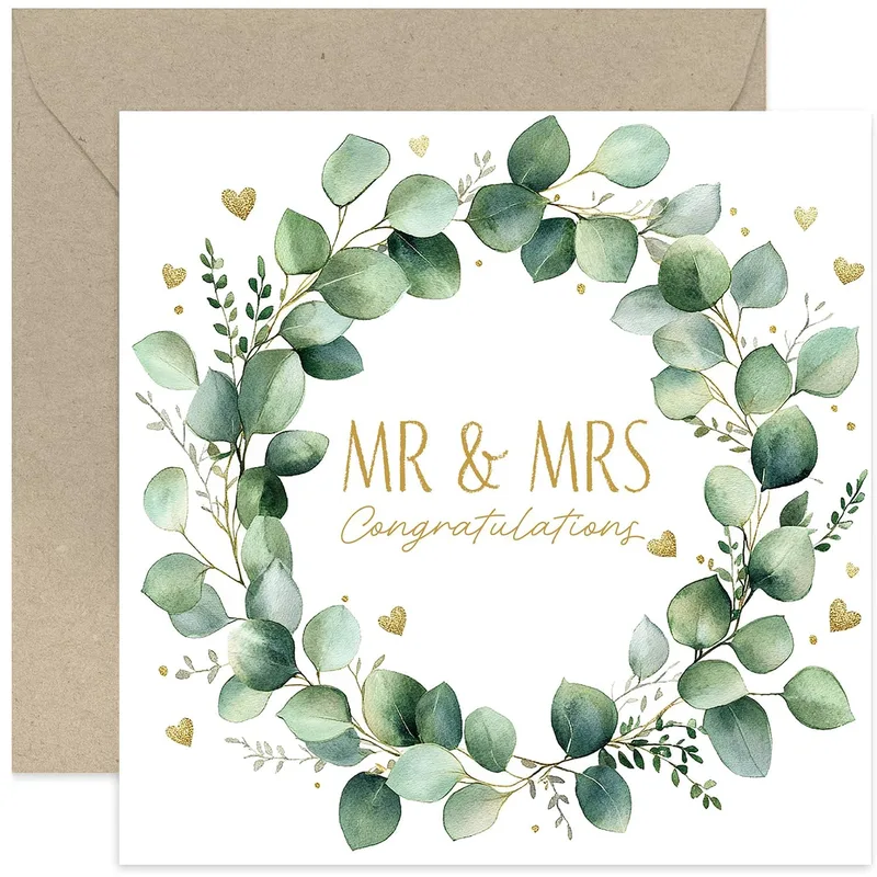 Wreath Gold Hearts Wedding Card: Mr and Mrs Eucalyptus Design