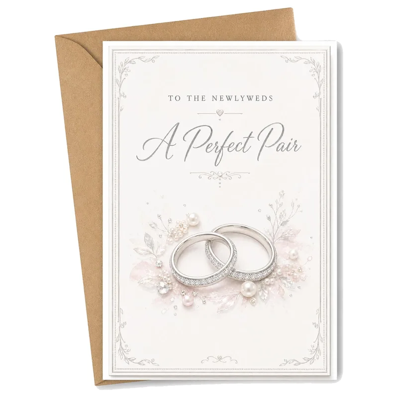 Ivory Rings Pearls Wedding Card – Two diamond bands with pearls and script text A Perfect Pair – Greeting Card in natural