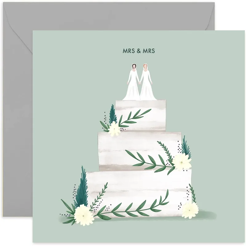 Green Tiered Cake Wedding Card Celebrating Two Brides with Floral Art