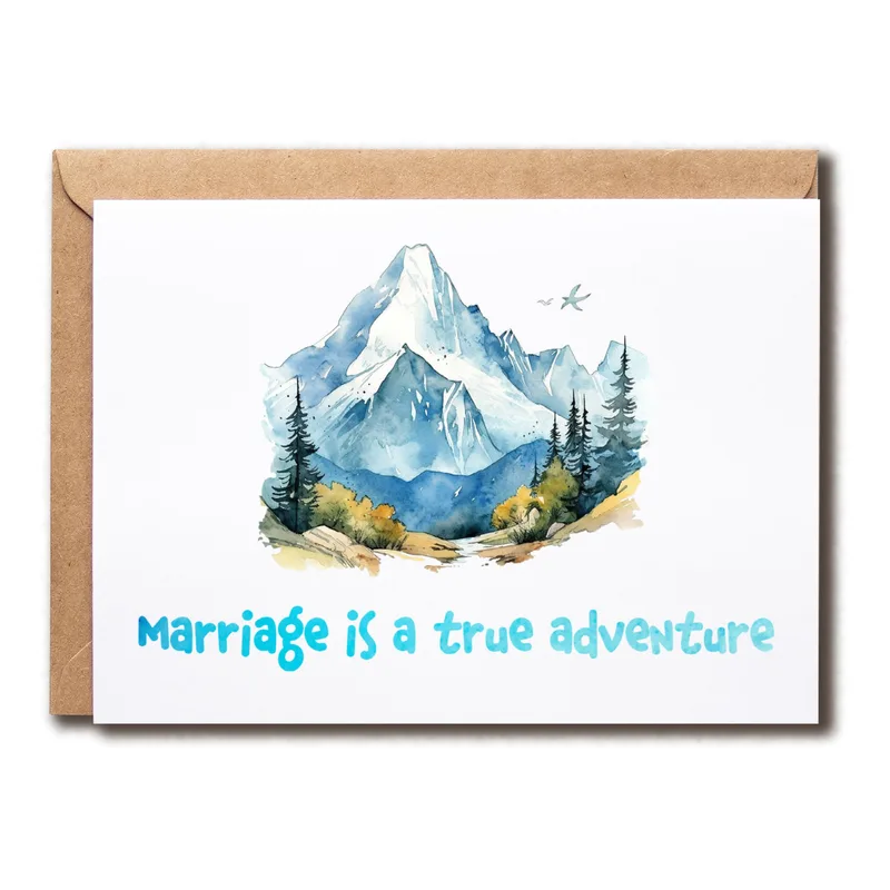 Mountain Landscape Wedding Card with Watercolor Peaks