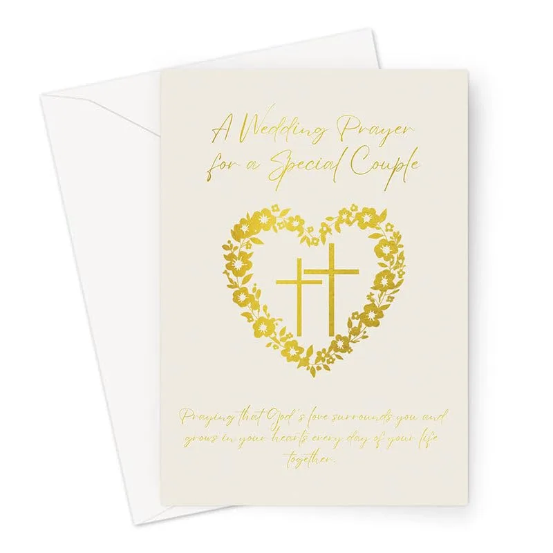 Heart Wreath Cross Wedding Card featuring gold script
