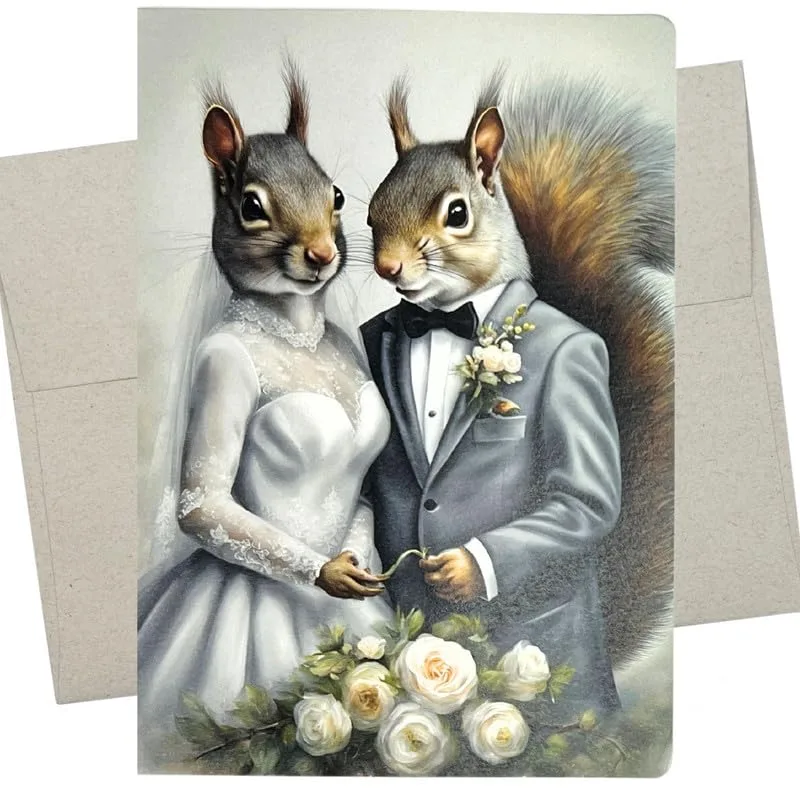 Couple Bouquet Grey Wedding Card for Squirrel Lovers