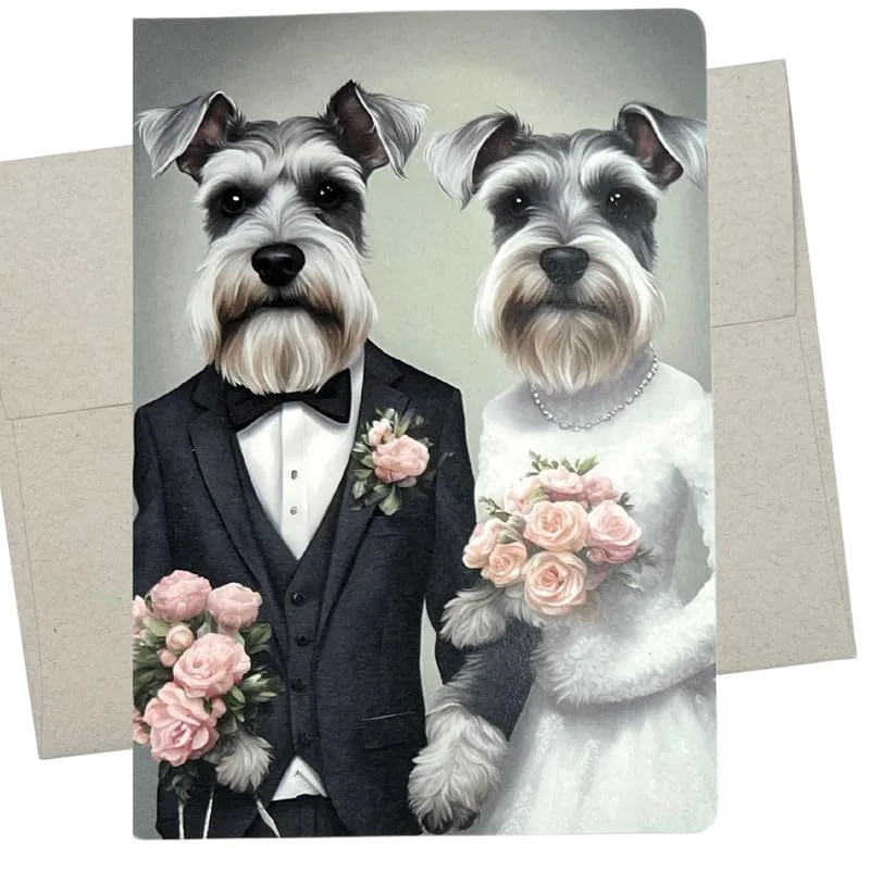 Couple Pink Bouquet Wedding Card for Schnauzer Lovers
