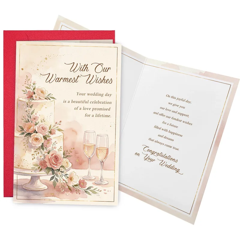 Champagne Red Edge Wedding Card: Floral Cake and Toast Illustration