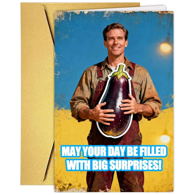 Holding Eggplant Photo Wedding Card for Funny Bridal Celebrations