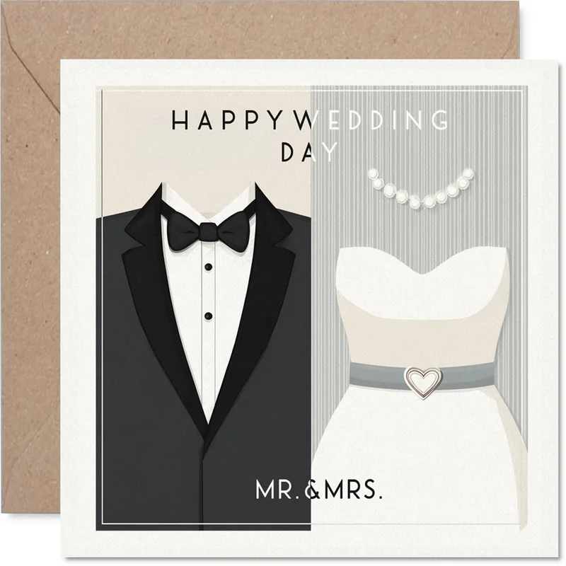 Happy Wedding Day Mr. Card: Tuxedo and Dress Illustration