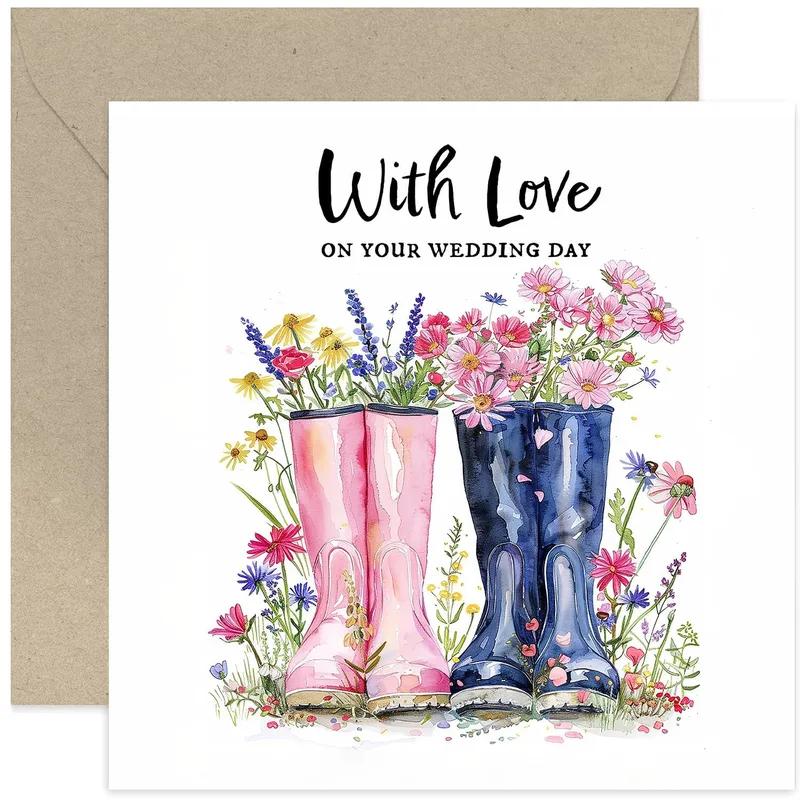 Wellington Boots Wildflowers Wedding Card for Country Couples