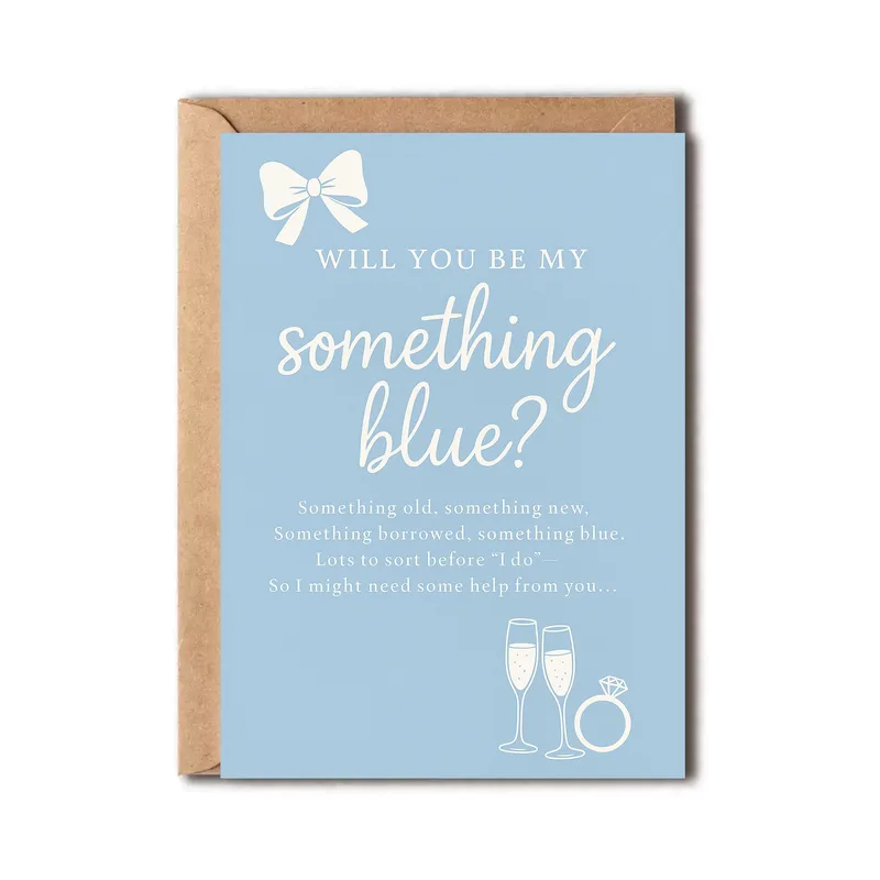 Blue Bow Script Wedding Card Asking for Bridesmaid Help