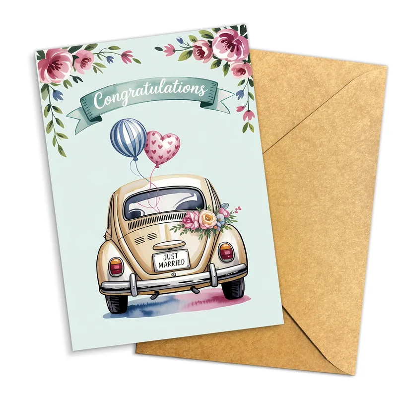 Car Balloons Mint Wedding Card for Vintage Lovers