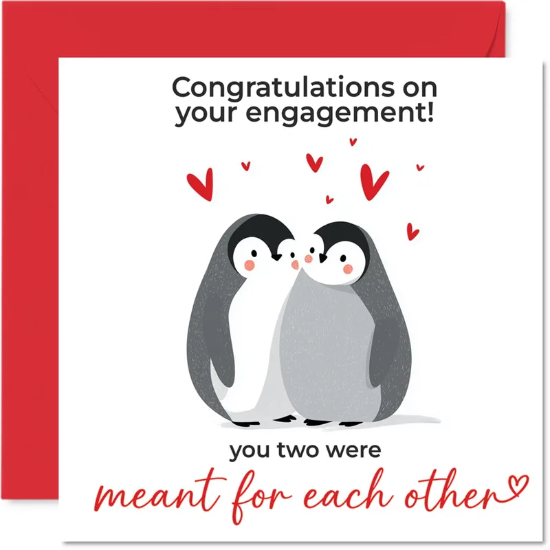 Couple Red Hearts Engagement Card: Penguins Meant For Each Other