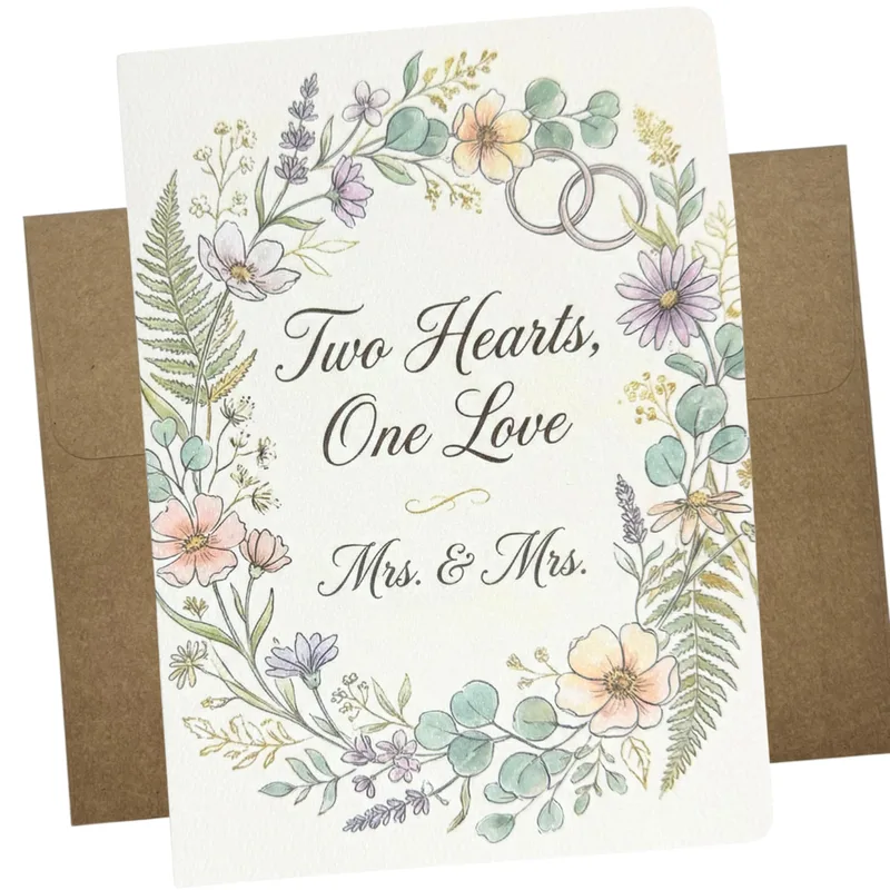 Wreath Rings Sketch Wedding Card Celebrating Two Wives with Floral Art