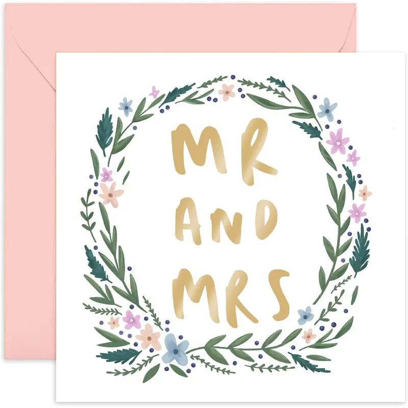 Letters Floral Wreath Wedding Card featuring MR AND MRS