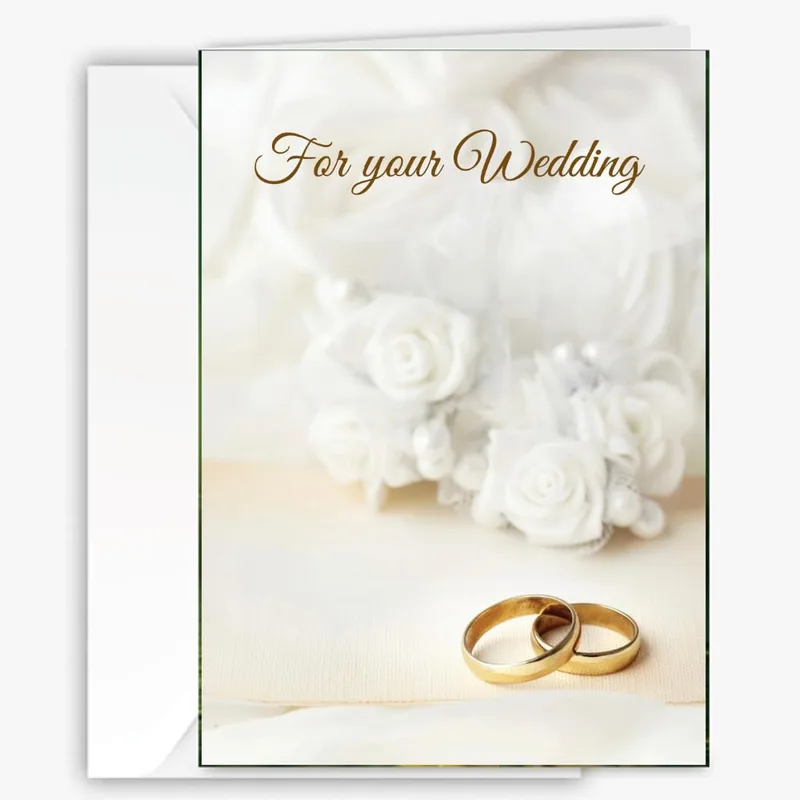 White Roses Gold Rings Card featuring elegant wedding rings