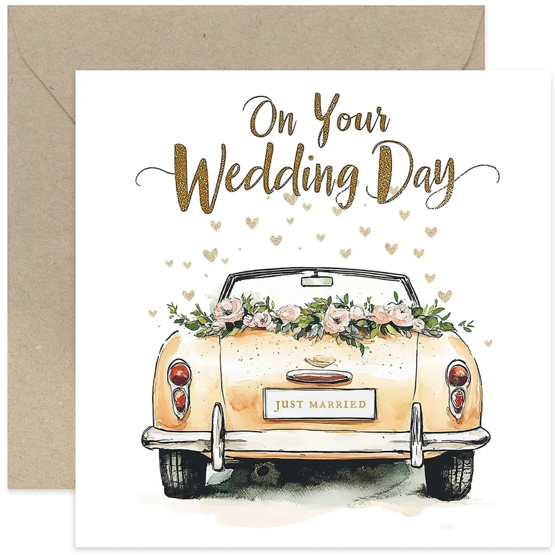 Car Florals Gold Wedding Card Celebrating a Newlywed Couple