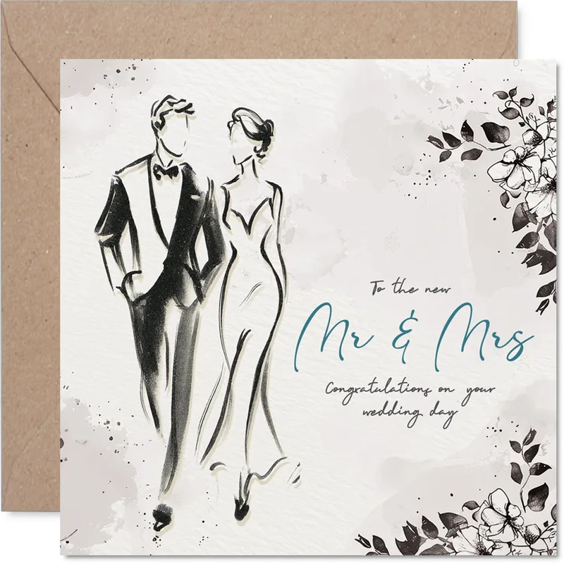 Silhouette Bride Groom Wedding Card: Elegant Sketch for Newlyweds