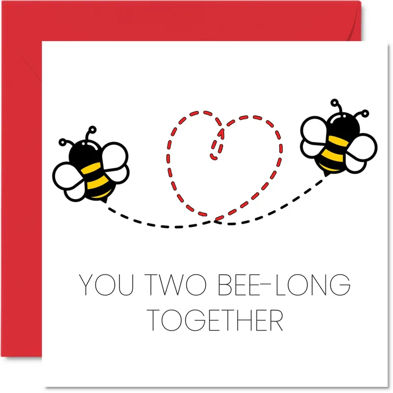 Heart Dashed Line Wedding Card for Bee-Long Together Puns