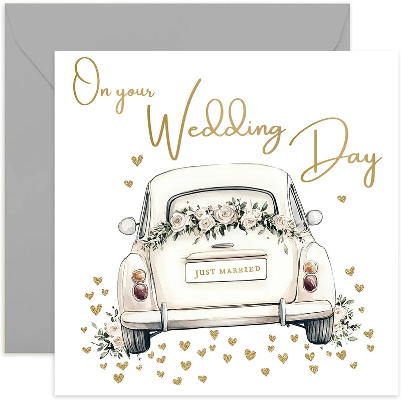 Car Gold Hearts Wedding Card: Vintage Car Wedding Greeting