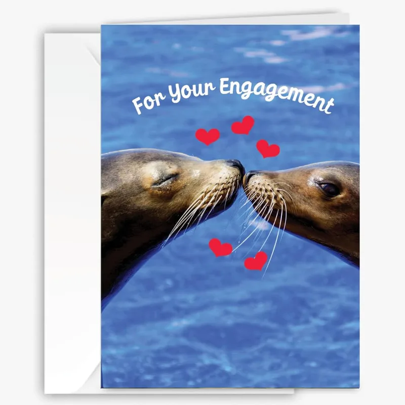 Lions Kissing Blue Engagement Card for Sea Lion Lovers
