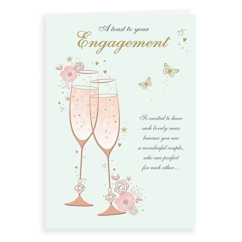 Champagne Flutes Mint Engagement Card features pink