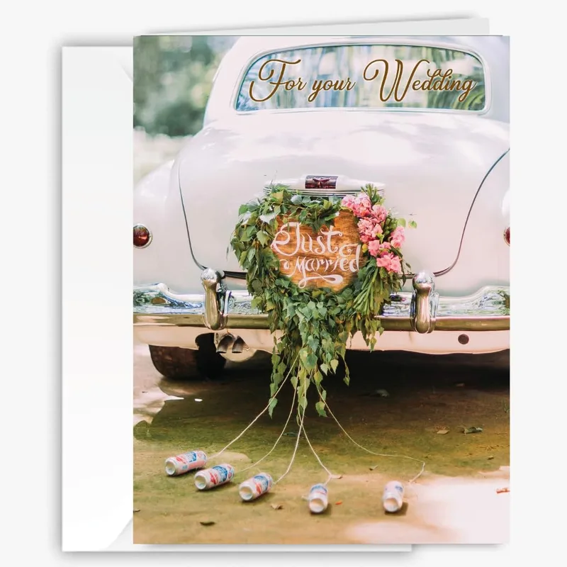 Car Floral Wreath Wedding Card featuring a vintage white car adorned